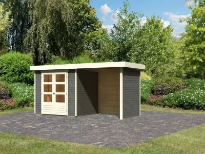 Gartenhaus Askola 3 19 mm terragrau inkl. 2,4 m Anbaudach + Seiten- und Rückwand Produktbild #1