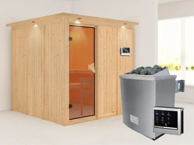 Systemsauna Rodin mit Dachkranz, bronzierte Ganzglastür, inkl. 9 kW Saunaofen ext. Steuerung Produktbild #1