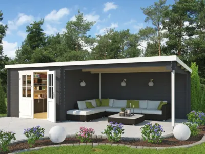 Gartenhaus Blockbohlenhaus St. Louis Exklusiv 28 mm carbon grau mit 4 m Anbau Produktbild #1