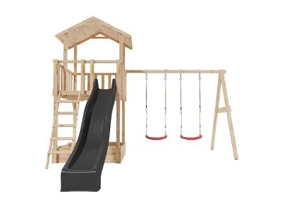 Spielturm Tilly Premium mit Doppelschaukel Lärche inkl. Rutsche grau + Sitze rot Produktbild #2