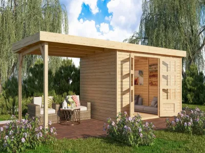 Gartenhaus SET Retola 6 19 mm naturbelassen, inkl. 2,8 m Anbaudach + Anbauschrank Produktbild #1
