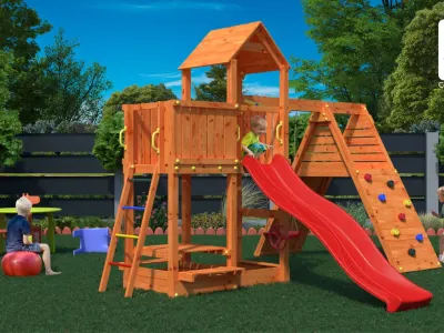 Spielturm Fluppi teakfarben inkl. Einzelschaukel + Rutsche Produktbild #1