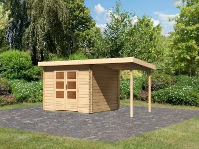 Gartenhaus Blockbohlenhaus SET Bastrup 5 28 mm naturbelassen, inkl. 2 m Anbaudach Produktbild #1