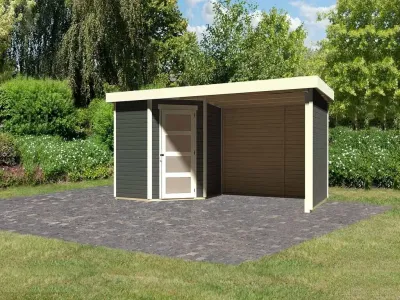 Gartenhaus SET Schwandorf 3 19 mm terragrau, inkl. 2,8 m Anbaudach + Seiten- und Rückwand Produktbild #1