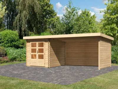 Gartenhaus Blockbohlenhaus SET Bastrup 4 28 mm naturbelassen, inkl. 4 m Anbaudach + Seiten-/Rückwand Produktbild #1