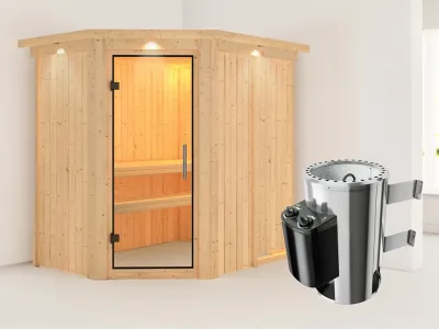 Sauna Systemsauna Saja mit Dachkranz, Klarglas Ganzglastür + Plug & Play Saunaofen mit Steuerung Produktbild #1