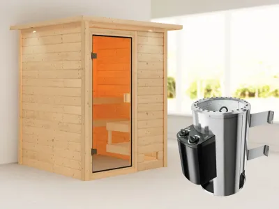 Sauna Sandra mit bronzierter Glastür und Dachkranz + 3,6 kW Plug & Play Saunaofen integr. Strg. Produktbild #1