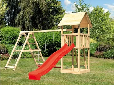 Spielturm Set Lotti naturbelassen inkl. Rutsche rot, Schaukel und Klettergerüst Produktbild #1