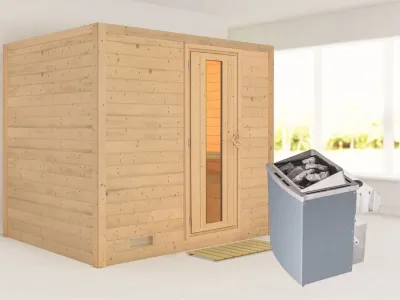 Massivholzsauna Sonara Holztür mit Isolierglas, inkl. 9 kW Saunaofen integr. Steuerung Produktbild #1
