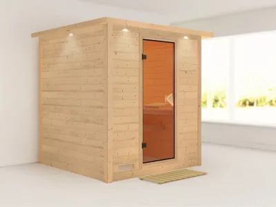Massivholzsauna Mojave mit Dachkranz, bronzierte Ganzglastür Produktbild #1