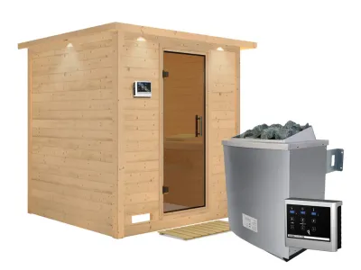Massivholzsauna Mojave mit Dachkranz, graphit Ganzglastür, inkl. 9 kW Ofen ext. Steuerung Produktbild #6