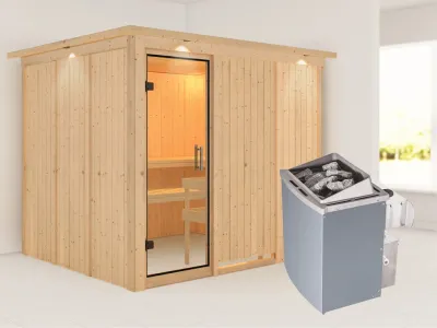 Sauna Systemsauna Gobin mit Dachkranz, Klarglas Ganzglastür + 9 kW Saunaofen mit Steuerung Produktbild #1