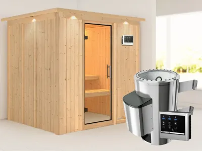 Sauna Systemsauna Daria mit Dachkranz, Klarglas Ganzglastür + Plug & Play Saunaofen mit ext.Strg Produktbild #1