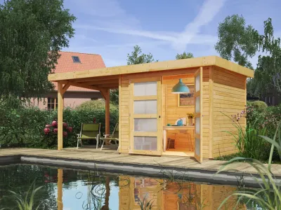 Gartenhaus Münster 1 19 mm naturbelassen inkl. 2,4 m Anbaudach Produktbild #1