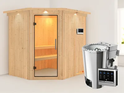 Sauna Systemsauna Lilja mit Dachkranz, Klarglas Ganzglastür + Plug & Play Bio-Ofen mit ext. Strg Produktbild #1
