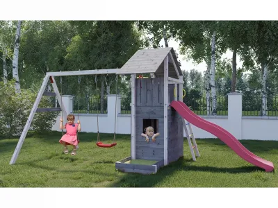 Spielturm Smart 7 grau-weiß inkl. Rutsche pink Produktbild #1