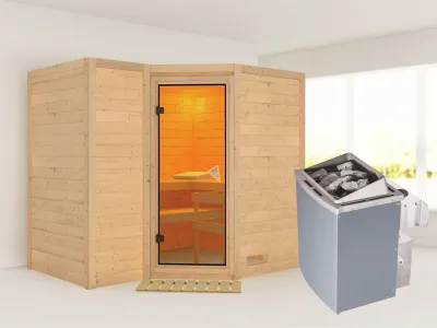Massivholzsauna Sahib 2 bronzierte Ganzglastür, inkl. 9 kW Ofen integr. Steuerung Produktbild #1