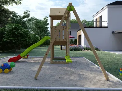 Spielturm Amélie inkl. Doppelschaukel + Rutsche grün-rot Produktbild #6