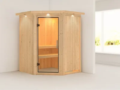 Sauna Systemsauna Nanja mit Dachkranz, Klarglas Ganzglastür Produktbild #1