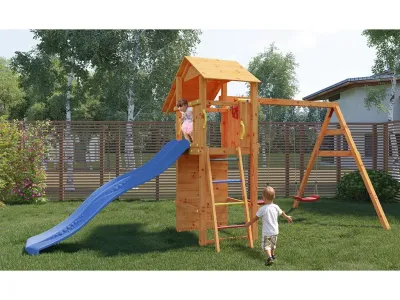 Spielturm Smart 5 teakfarben inkl. Rutsche blau Produktbild #2