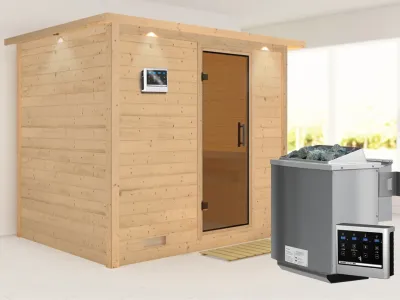 Massivholzsauna Sonara mit Dachkranz, graphit Ganzglastür, inkl. 9 kW Bio-Kombiofen ext. Steuerung Produktbild #1
