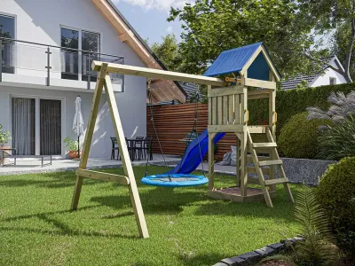 Spielturm Easy KDI inkl. Doppelschaukel inkl. Rutsche blau + Nestschaukel Produktbild #2