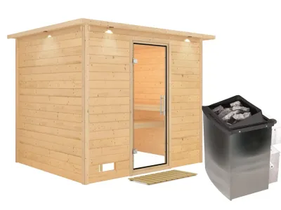 Massivholzsauna Sonara mit Dachkranz Klarglas Ganzglastür Produktbild #3