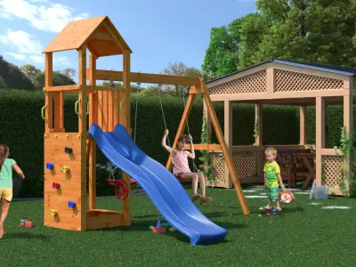 Spielturm Flappi teakfarben inkl. Doppelschaukel + Rutsche Produktbild #1