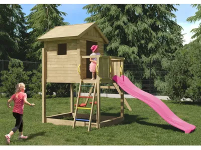 Spielturm Stelzenhaus Galaxy S inkl. Doppelschaukel kesseldruckimprägniert + Rutsche pink Produktbild #2
