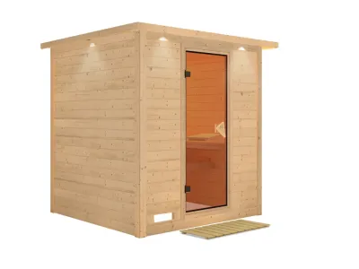 Massivholzsauna Mojave mit Dachkranz, bronzierte Ganzglastür Produktbild #4