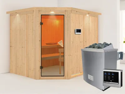 Systemsauna Malin mit Dachkranz, bronzierte Ganzglastür, inkl. 9 kW Saunaofen ext. Steuerung Produktbild #1