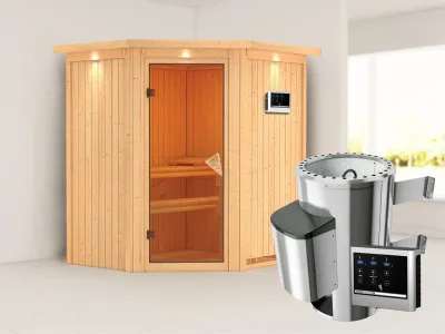Sauna Systemsauna Tonja mit Dachkranz, inkl. Plug & Play Saunaofen externe Steuerung Produktbild #1