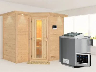 Massivholzsauna Sahib 2 mit Dachkranz, Holztür mit Isolierglas, inkl. 9 kW Bio-Ofen ext. Steuerung Produktbild #1