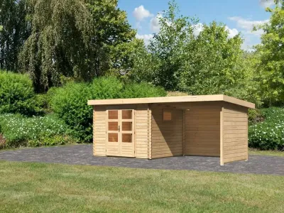Gartenhaus Blockbohlenhaus SET Trittau 3 38 mm naturbelassen, inkl. 3 m Anbaudach + Seiten-/Rückwand Produktbild #1