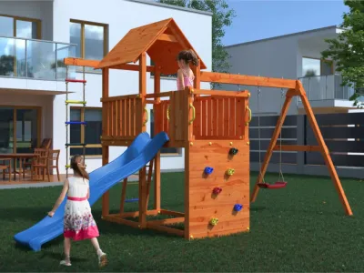 Spielturm Bento D teakfarben inkl. Rutsche blau Produktbild #1