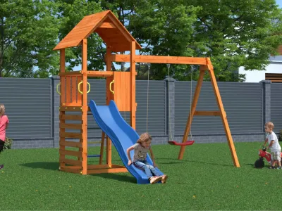 Spielturm Bento A teakfarben inkl. Rutsche blau Produktbild #1
