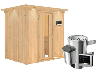 Sauna Systemsauna Fanja mit Dachkranz, Energiespartür + Plug & Play Saunaofen mit ext. Steuerung Produktbild #2