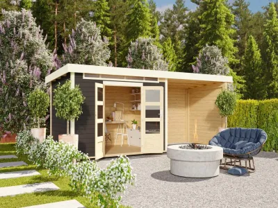 Gartenhaus SET Kandern 7 28 mm terragrau, inkl. 3,2 m Anbaudach + Rückwand Produktbild #1