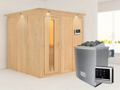 Systemsauna Rodin mit Dachkranz, Holztür mit Isolierglas, inkl. 9 kW Saunaofen ext. Steuerung Produktbild #1