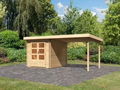 Gartenhaus Blockbohlenhaus SET Bastrup 4 28 mm naturbelassen, inkl. 3 m Anbaudach Produktbild #1