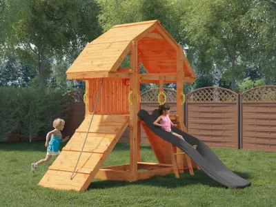 Spielturm SPARSET Buffalo teakfarben inkl. Rutsche 2,28 m anthrazit Produktbild #1