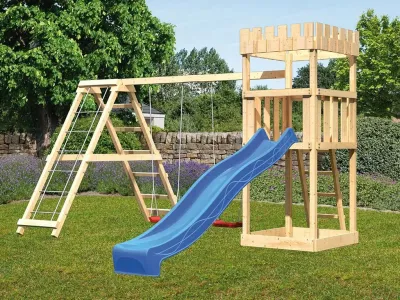 Spielturm SET Ritterburg Löwenherz naturbelassen inkl. Rutsche blau + Doppelschaukel + Klettergerüst Produktbild #1