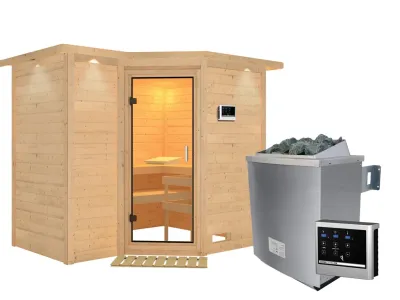 Sauna Massivholzsauna Sahib 2 mit Dachkranz, Klarglas Ganzglastür + 9 kW Saunaofen mit ext.Strg Produktbild #3