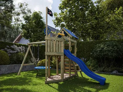 Spielturm Pirat Captain Snappy KDI mit Doppelschaukel inkl. Rutsche blau + Nestschaukel Produktbild #1