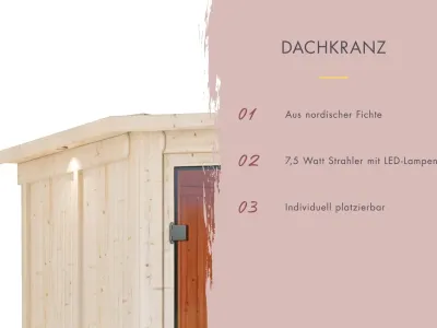 Massivholzsauna Sonara mit Dachkranz Holztür mit Isolierglas Produktbild #8