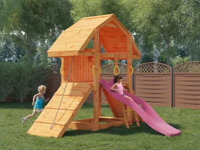 Spielturm Buffalo teakfarben inkl. Rutsche pink Produktbild #2