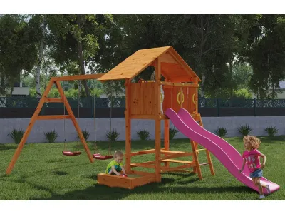 Spielturm Smart 1 teakfarben inkl. Rutsche pink Produktbild #1