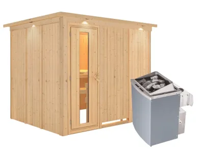 Systemsauna Gobin mit Dachkranz, Holztür mit Isolierglas, inkl. 9 kW Saunaofen integr. Steuerung Produktbild #5