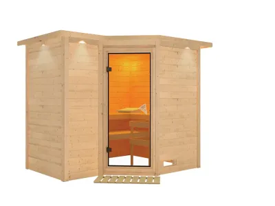 Massivholzsauna Sahib 2 mit Dachkranz, bronzierte Ganzglastür Produktbild #7
