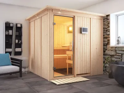 Sauna Systemsauna Rodin mit Dachkranz, Klarglas Ganzglastür + 9 kW Bio-Kombiofen mit ext. Strg Produktbild #1